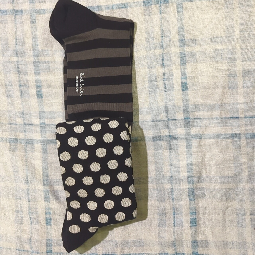 2 PAIRS Paul Smith  Men's Striped and Polka Dot Socks - Black and Gray